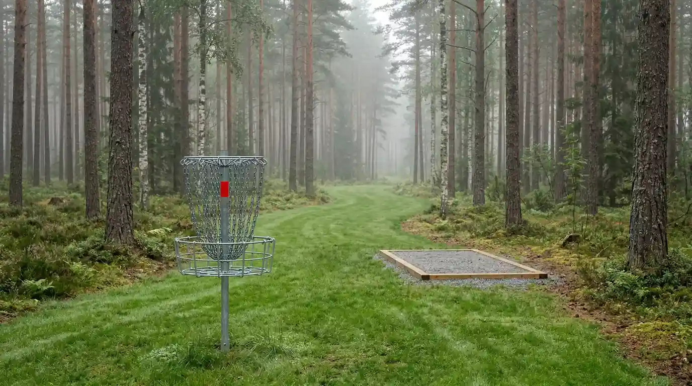 Svensk discgolfbana med korg omgiven av skandinavisk skog